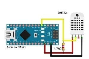 Fritzing zapojenie biely senzor čidlo DHT-22 a Arduino Nano pre projekt na meranie teploty a vlhkosti so 4 vývodmi a pripojeným pull-up rezistorom